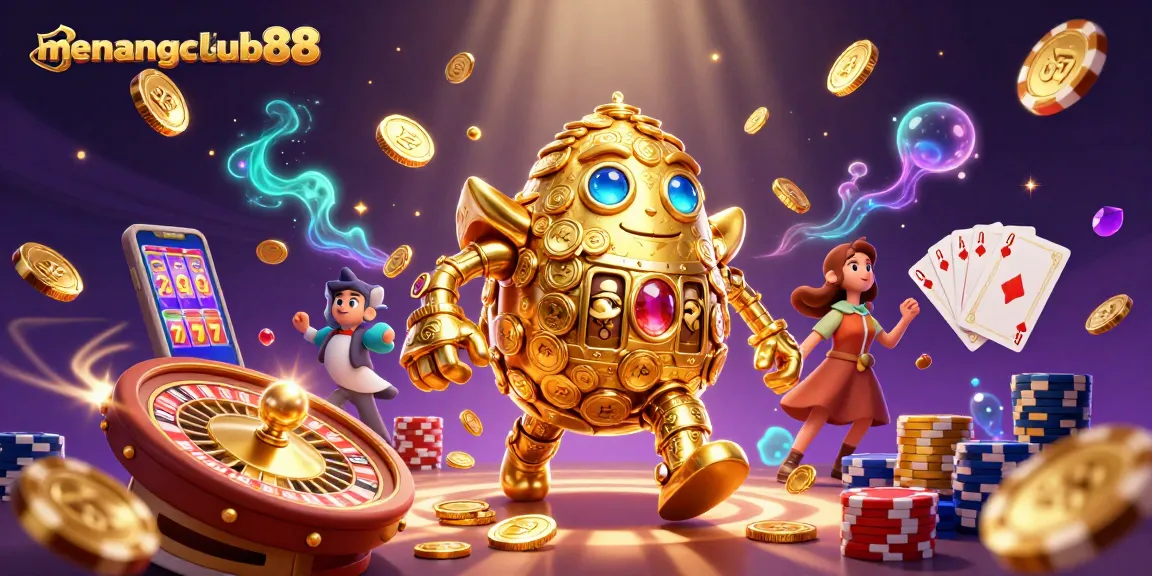 Experience winning strategies at menangclub88 with vibrant 3D casino illustration packed with gold coins and games.