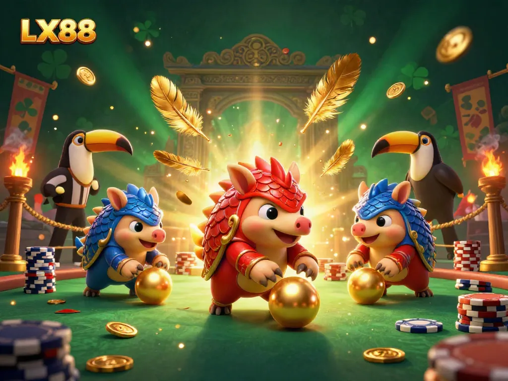 Experience exciting gameplay at LX88 with rival pangolins rolling poker chips and confetti while throwing golden balls.