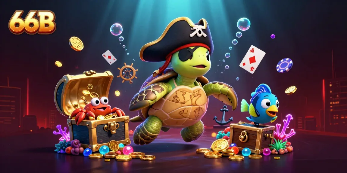 Experience exciting winnings in 66B with 3D pirate turtle and friends gambling under underwater treasures.