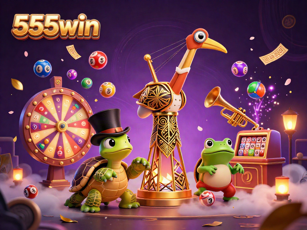 Experience the excitement of 555win with a vibrant 3D casino scene showcasing lively characters and game elements.