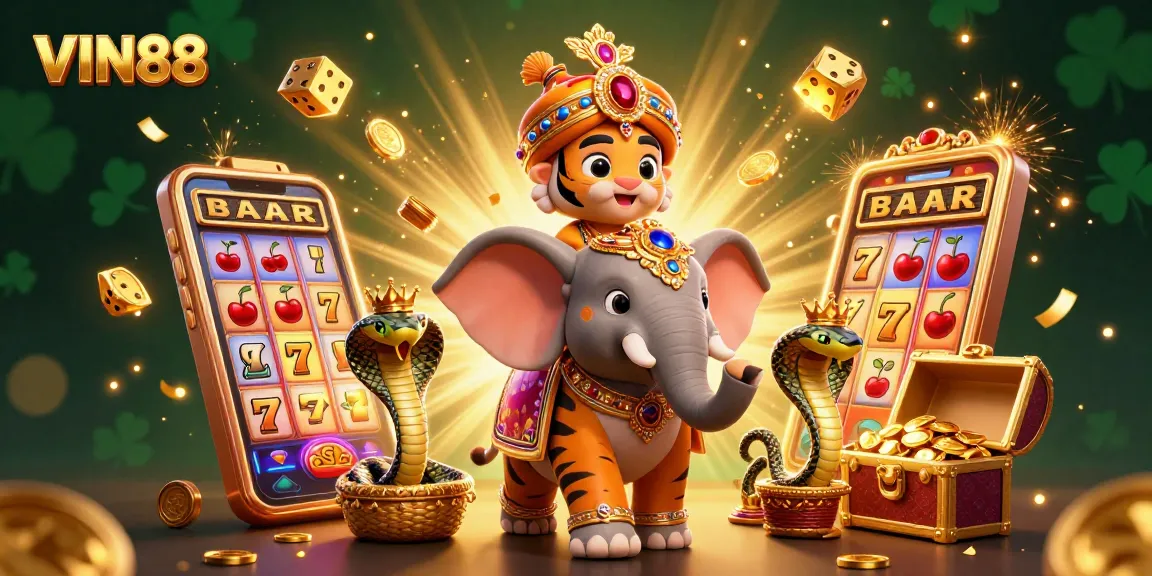 Experience excitement with VIN88 as a cartoon maharaja and elephant celebrate jackpots with vibrant casino elements.