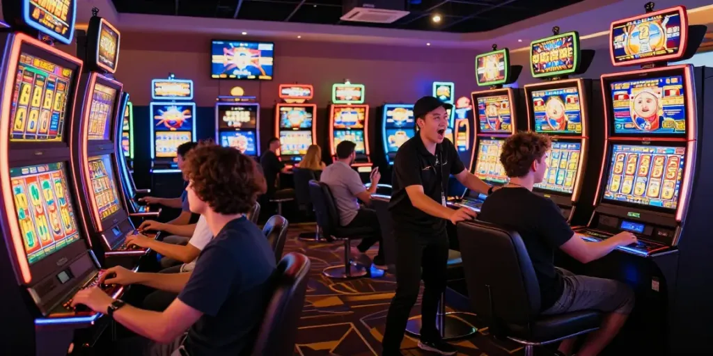 Excited players enjoying 513 Slots at a vibrant gaming lounge with neon lights.