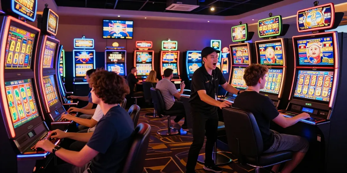 Excited players enjoying 513 Slots at a vibrant gaming lounge with neon lights.