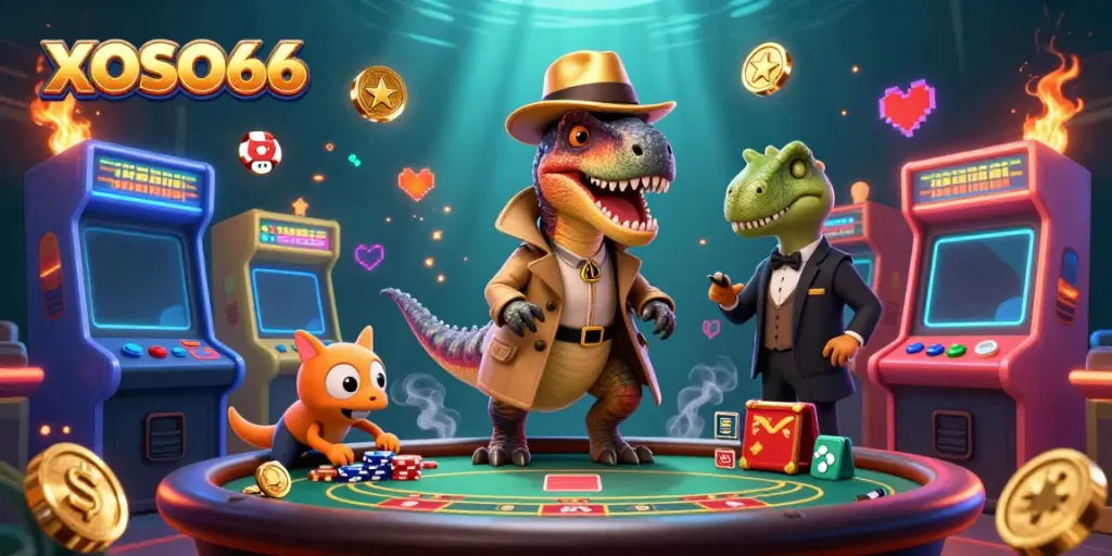 Engage with XOSO66 in a vibrant casino scene with animated dinosaurs and arcade elements.