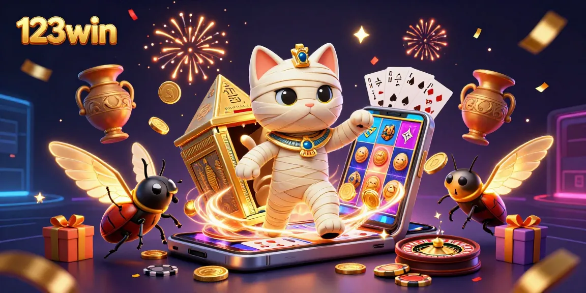 Experience the excitement of 123win with a 3D animated cat mummy and vibrant casino elements.