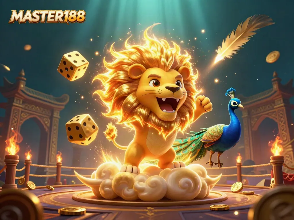MASTER188 showcases an exciting online gaming environment with vibrant casino elements, including a roaring sun lion and golden dice.
