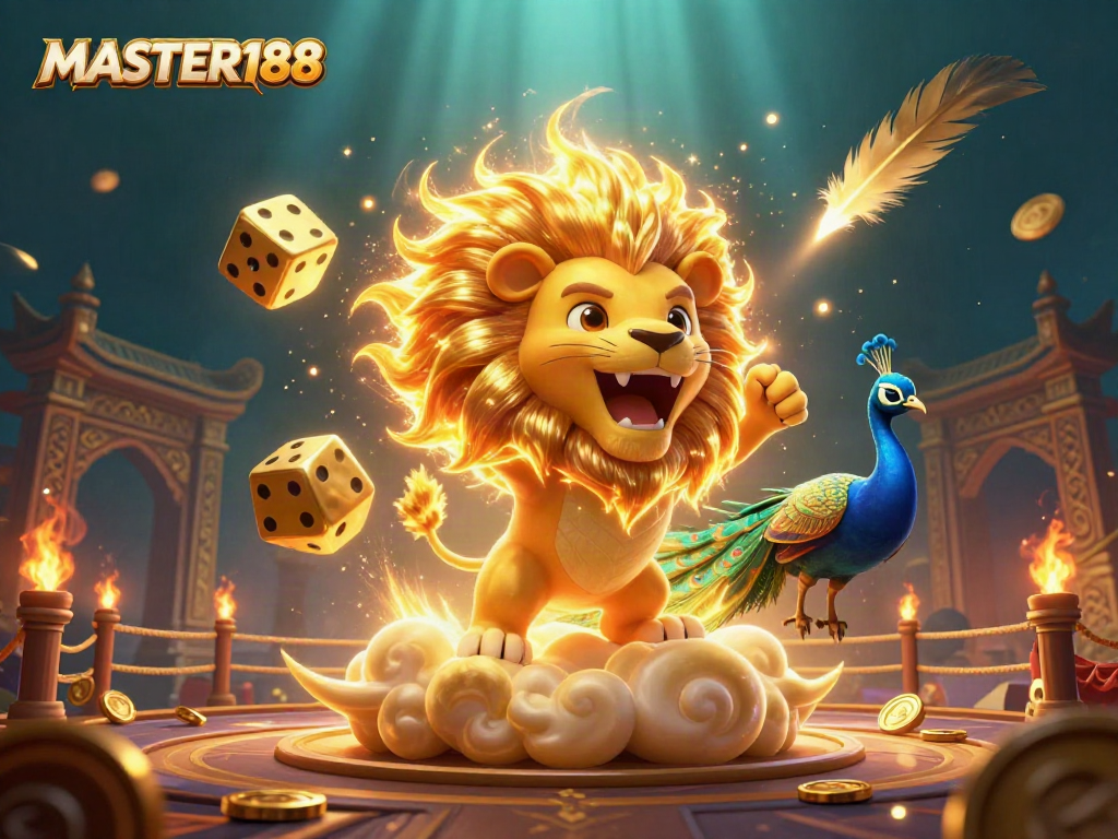 MASTER188 showcases an exciting online gaming environment with vibrant casino elements, including a roaring sun lion and golden dice.