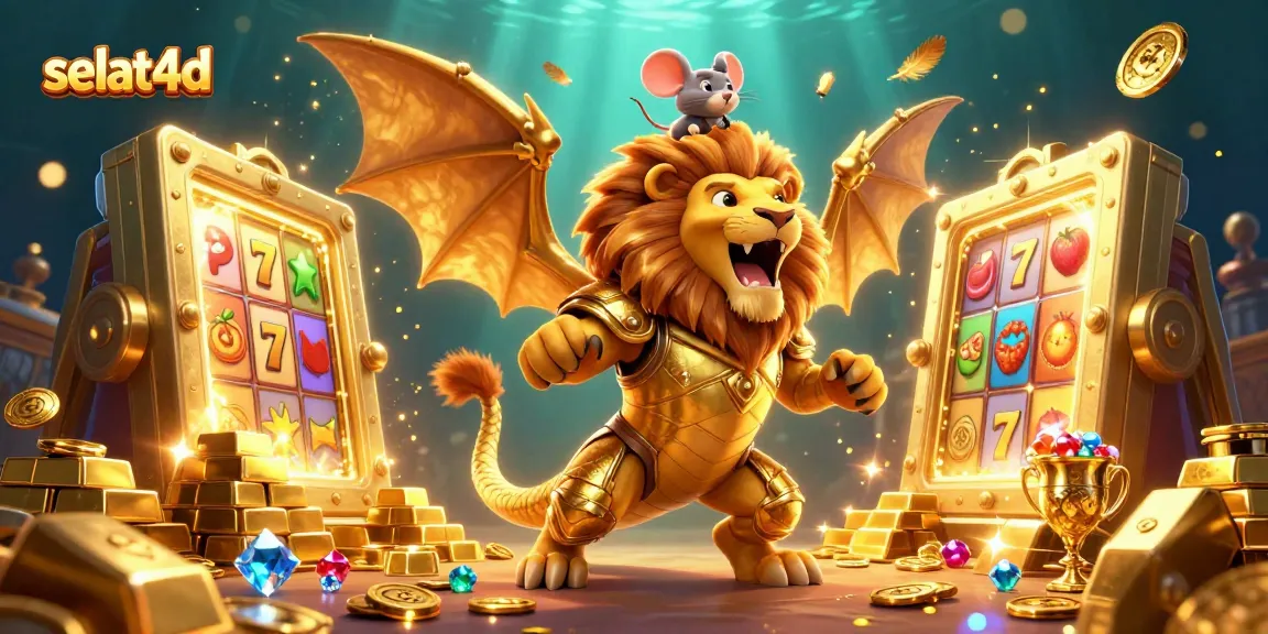 Experience thrilling selat4d gameplay with a majestic chimera and vibrant slot features surrounded by treasure.
