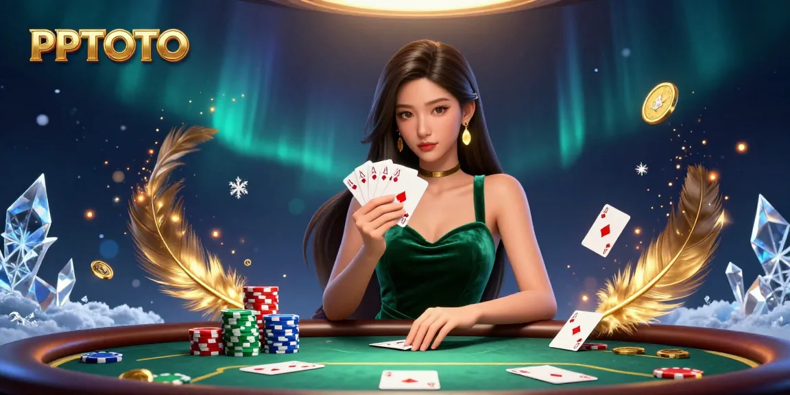 Suasana poker PPTOTO menampilkan seorang wanita cantik di meja mewah, memegang kartu dikelilingi oleh aksi.