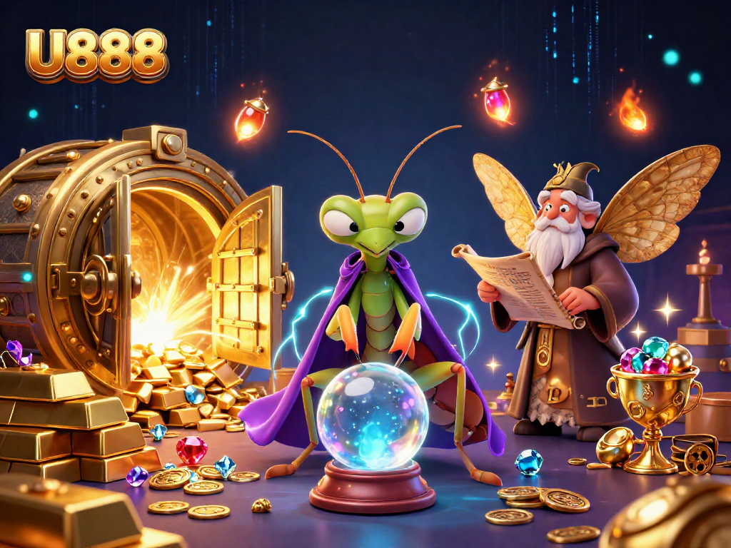 U888 showcases a vibrant cartoon scene with fortune tellers amidst gold and gems, enhancing casino excitement.