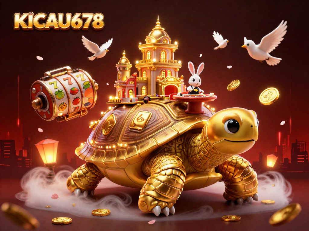 KICAU678 casino scene featuring a tortoise with casino palace, rabbit dealer, and flying coins.