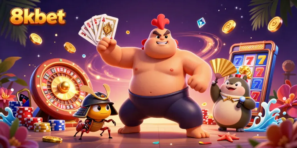 Engage with 8xbet's vibrant gaming world, showcasing a thrilling casino scene with unique characters.