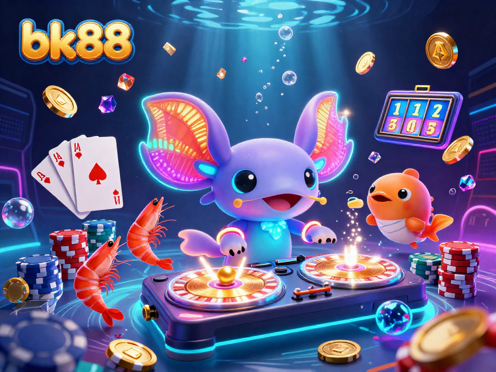 Experience the thrill of bk88 with a vibrant casino scene featuring a neon axolotl DJ and lively underwater elements.
