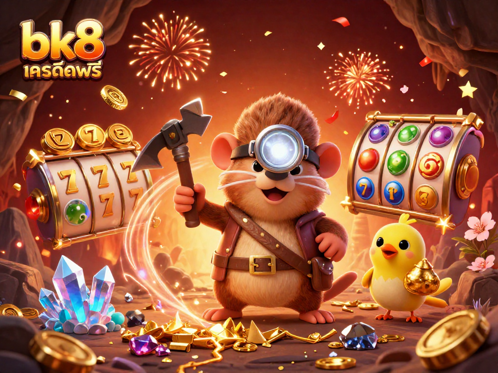 Win big with bk8 เครดิตฟรี in this vibrant 3D illustration featuring a treasure hunter and captivating casino elements.