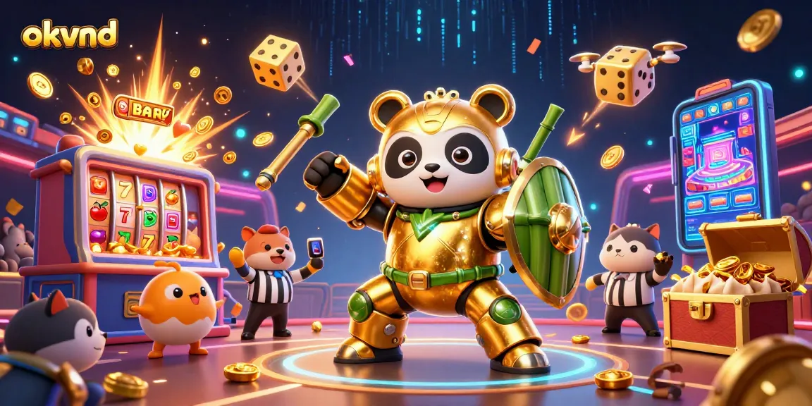 Experience thrilling gameplay with okvnd as a mech-suit golden panda battles in a vibrant casino world.