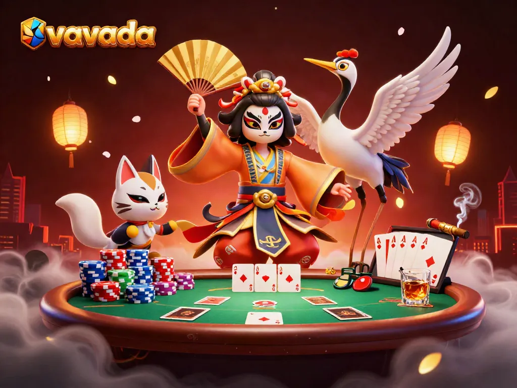 Experience thrilling vavada action with a kabuki warrior and poker elements in a vibrant casino scene.