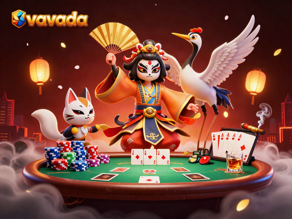 Experience thrilling vavada action with a kabuki warrior and poker elements in a vibrant casino scene.