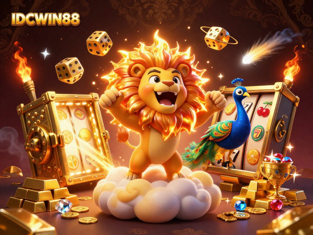 Play slots with IDCWIN88 surrounded by an energetic scene of golden treasures and vibrant symbols.