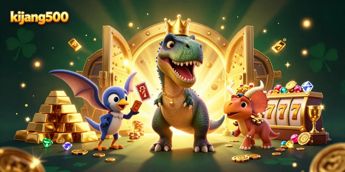 Play exciting card games at kijang500 with a friendly T-Rex, assisted by a pterodactyl, in a dazzling casino scene.