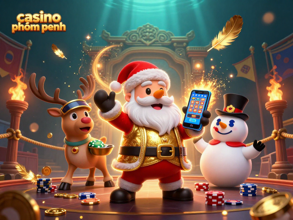 Spin and win at casino phnom penh with Santa and festive gaming excitement in a vibrant 3D scene.