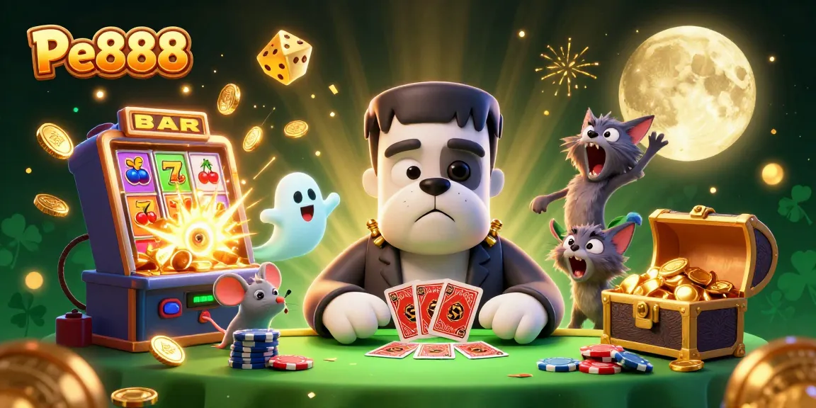 Pe888 brings thrilling action with a 3D cartoon Frankenstein bulldog at a spooky casino table