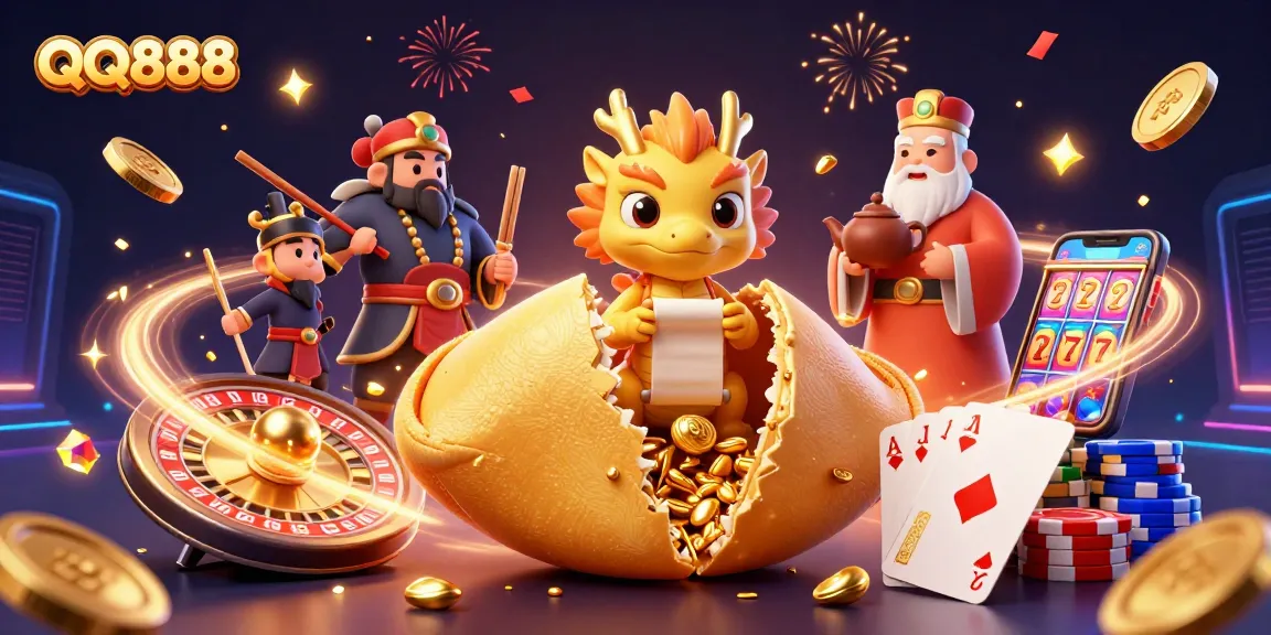 Experience thrilling gaming with QQ888’s dynamic casino scene featuring a golden fortune cookie and dragon.