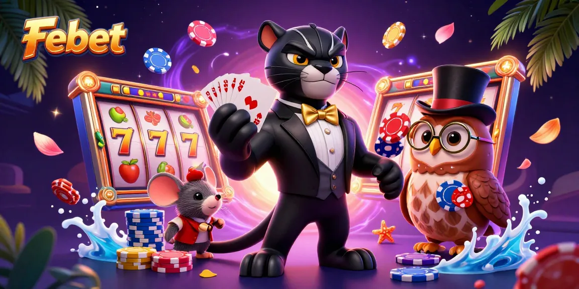 Febet showcases exciting slot games with vibrant characters and rich casino elements in a lively scene.