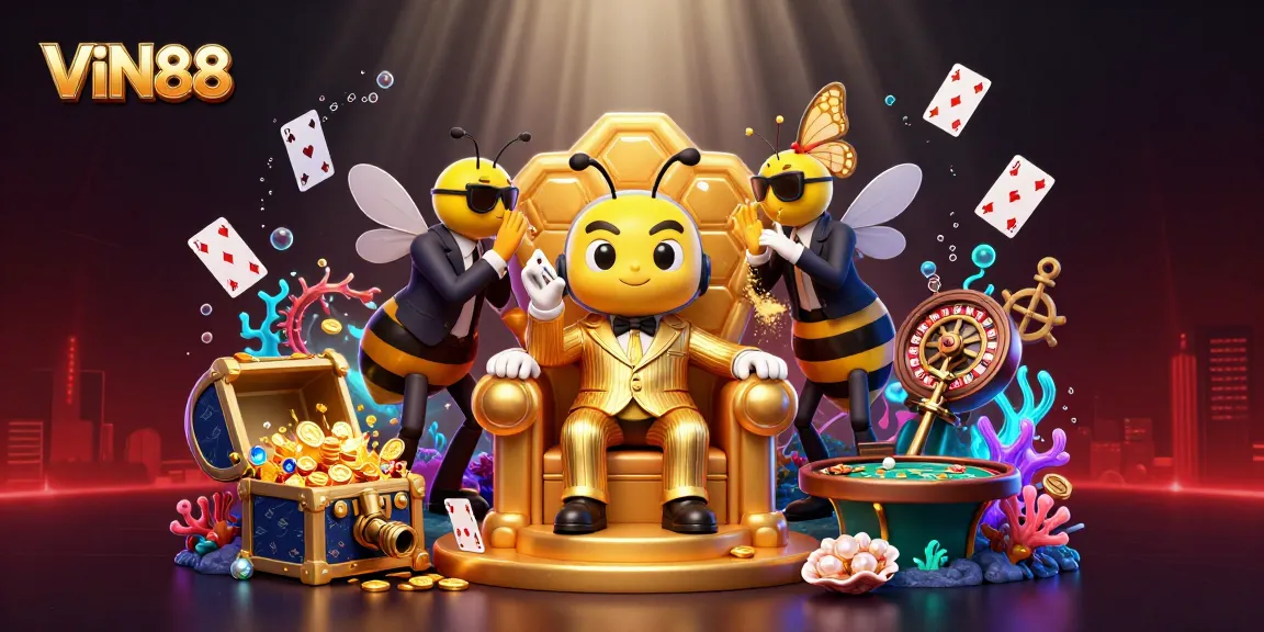 Experience the excitement of gambling with VIN88 in a vibrant, dynamic 3D illustration.