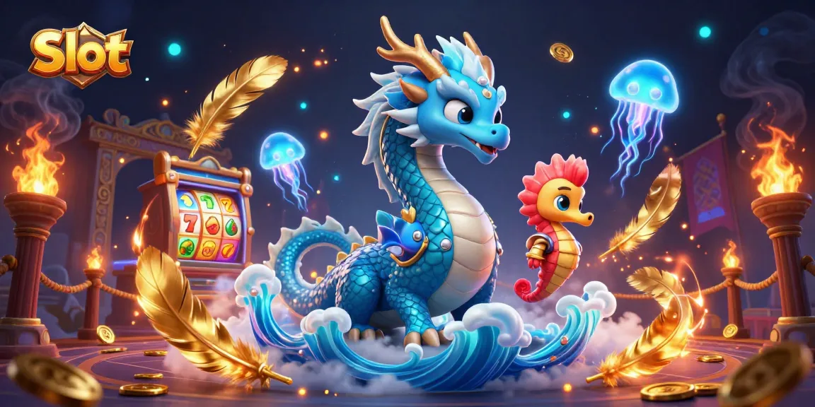 Spin the Slot reels with a majestic water dragon and seahorse knight amid vivid casino elements.