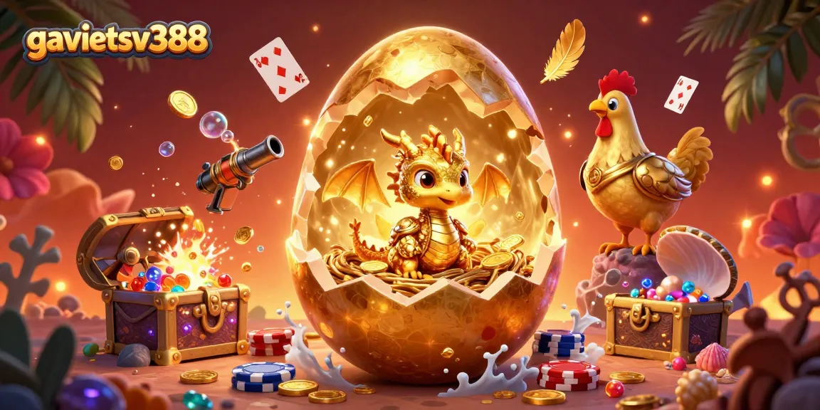 Immerse in the thrills of gambling at gavietsv388 with a golden dragon emerging from poker chips amidst vibrant casino chaos.