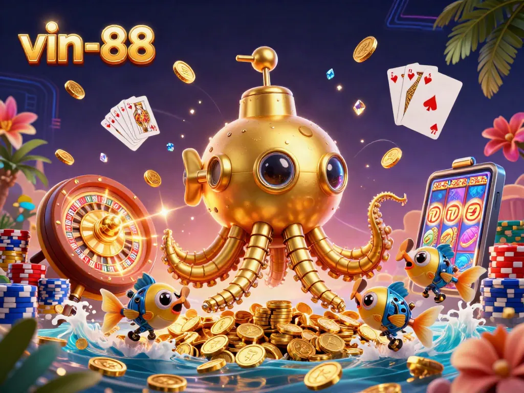 Win big at vin-88 with a captivating scene of a golden kraken submarine amidst sparkling gems and coins.