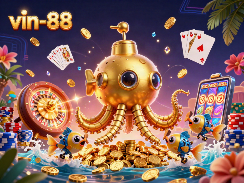 Win big at vin-88 with a captivating scene of a golden kraken submarine amidst sparkling gems and coins.