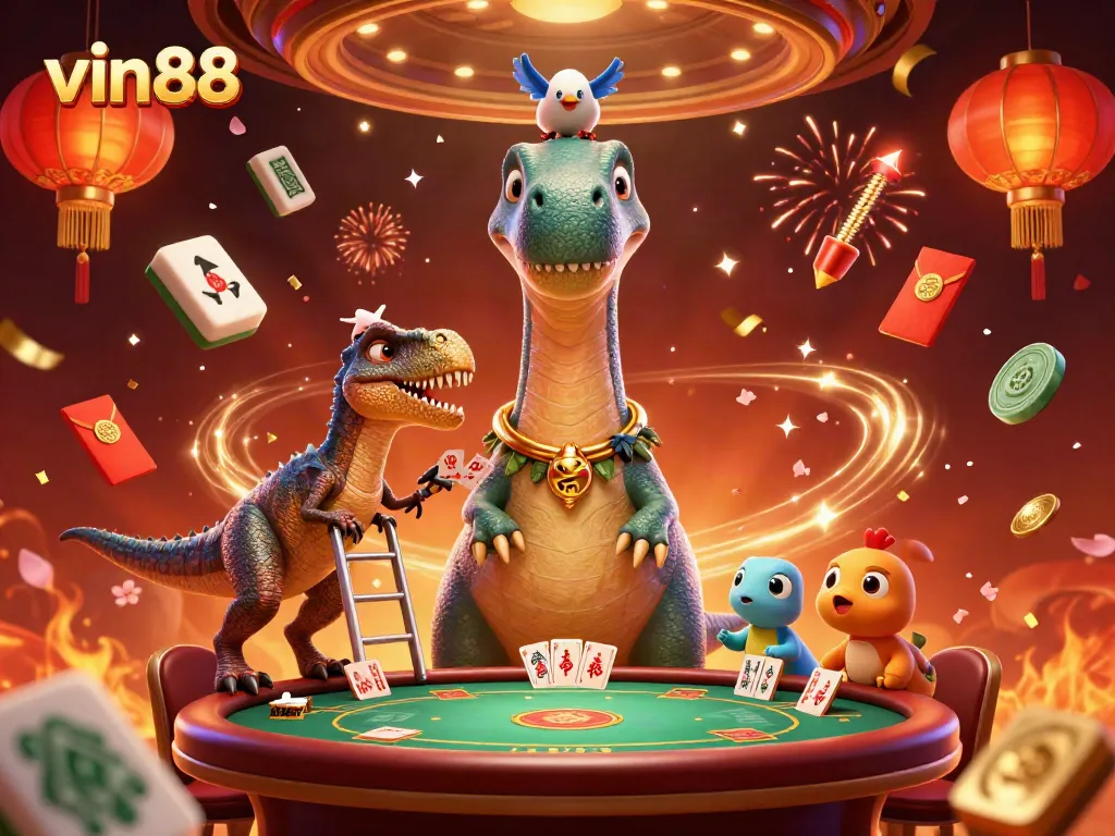 Explore the vibrant vin88 casino scene with a playful brontosaurus and a clever raptor dealing cards.