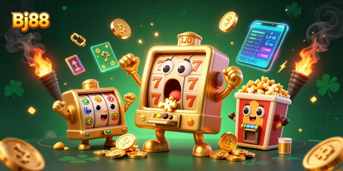 Bj88 features a golden slot machine celebrating a jackpot with coins pouring out, surrounded by vibrant casino elements.