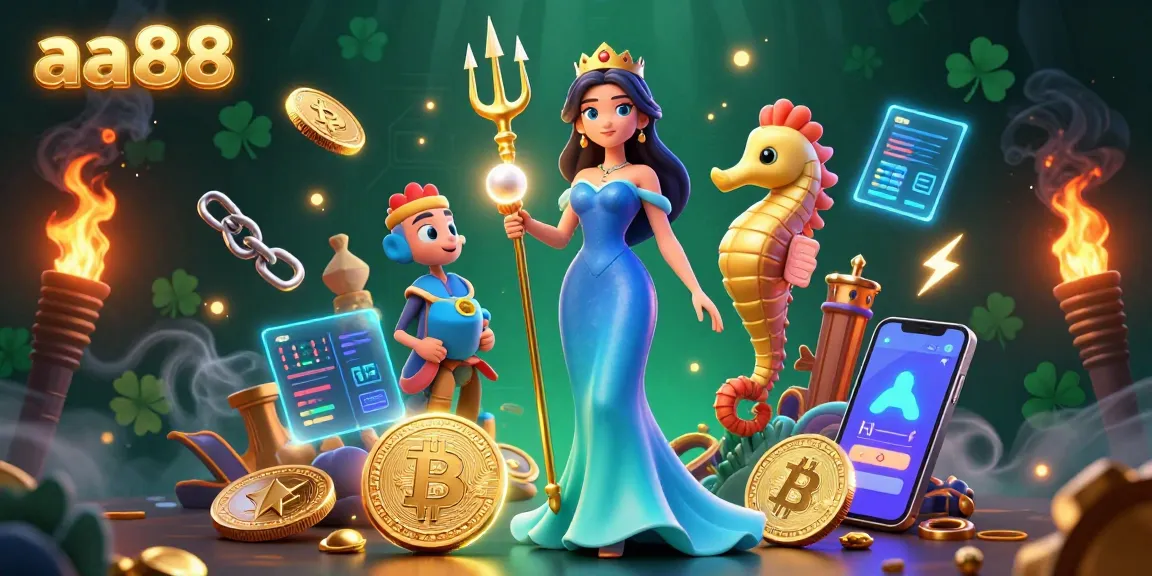 Play exciting casino games with aa88 in a rich underwater treasure scene featuring crypto coins and vibrant characters.