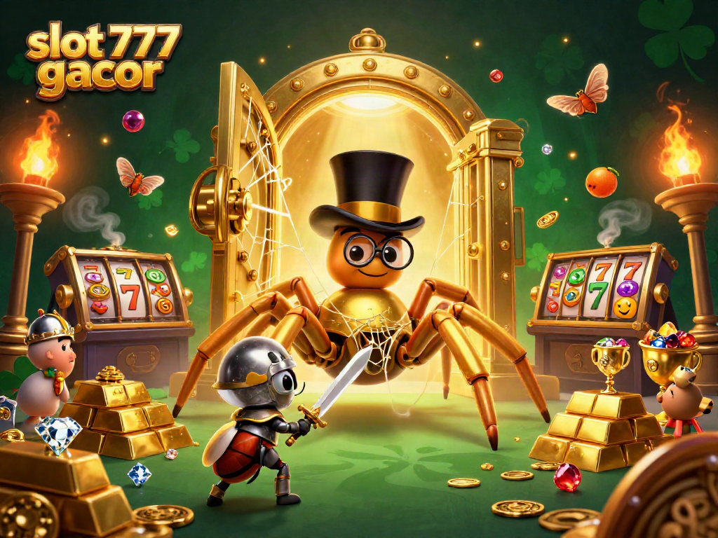 Engage with slot 777 gacor while watching a golden tarantula and beetle knight in a 3D casino scene.