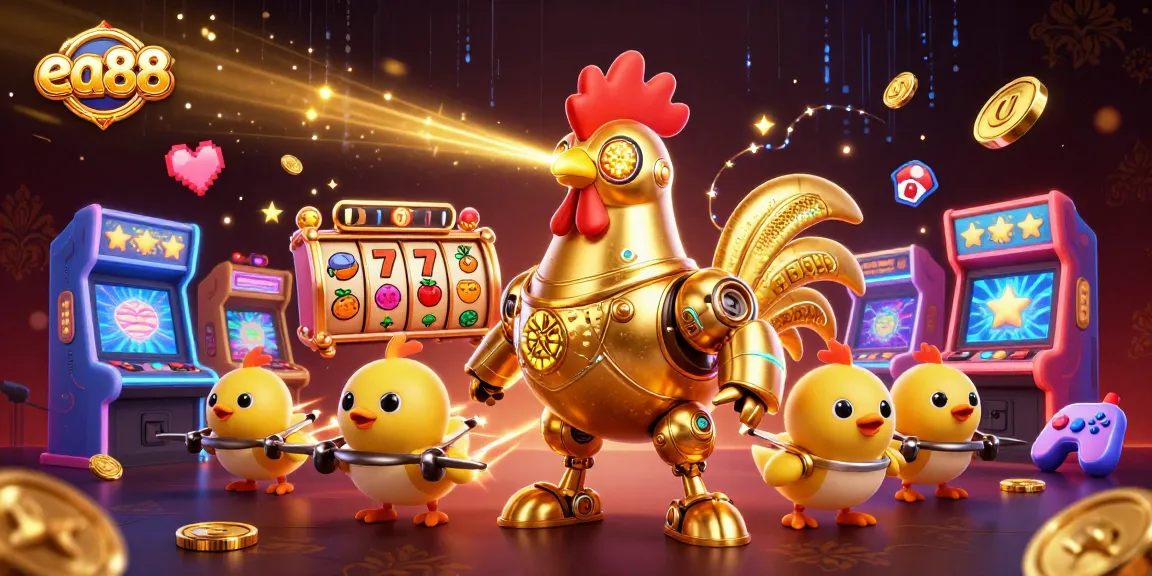 Engage with exciting gaming experiences at ea88, featuring golden rooster robot and baby chick drones.