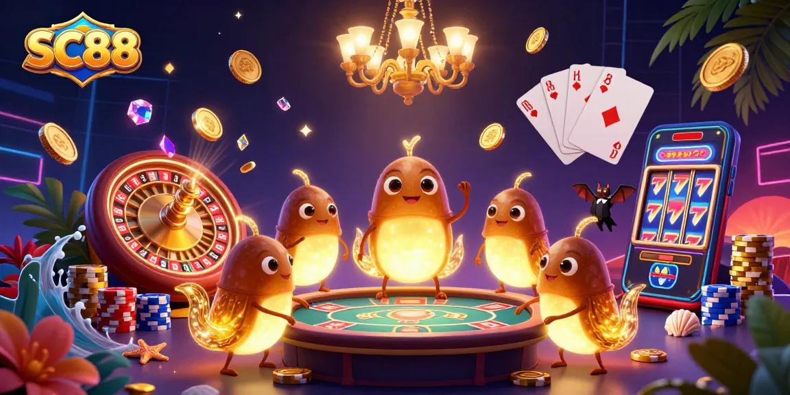 Experience the excitement of SC88 with dynamic glowworm characters lighting the casino scene, showcasing vibrant jackpots.