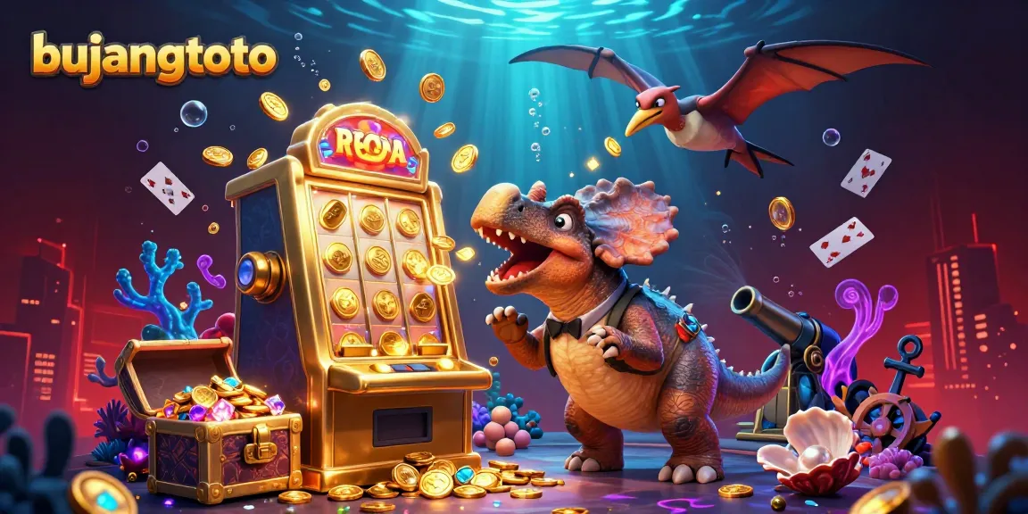Bujangtoto offers an animated scene where a dinosaur interacts with a slot machine, highlighting engaging casino action.