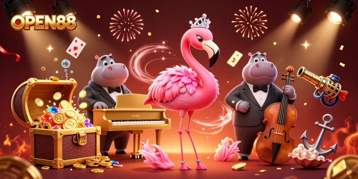 Experience the thrill of OPEN88 with vibrant casino characters enjoying a dynamic game atmosphere.