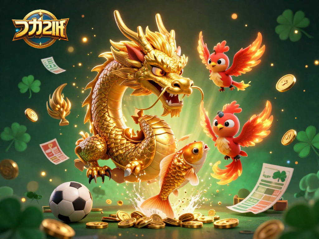Bet on sports with แทงบอล: Golden dragon and lucky koi fish celebrating winnings.