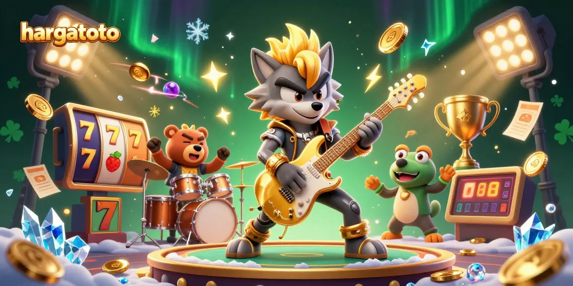 Engaging hargatoto scene illustrating a rock star wolf and drummer bear in a vibrant casino atmosphere.