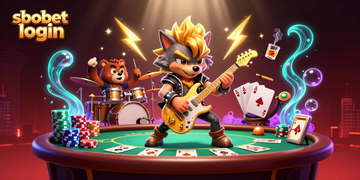 Experience sbobet login with a vibrant casino scene featuring a rock star wolf and poker elements.