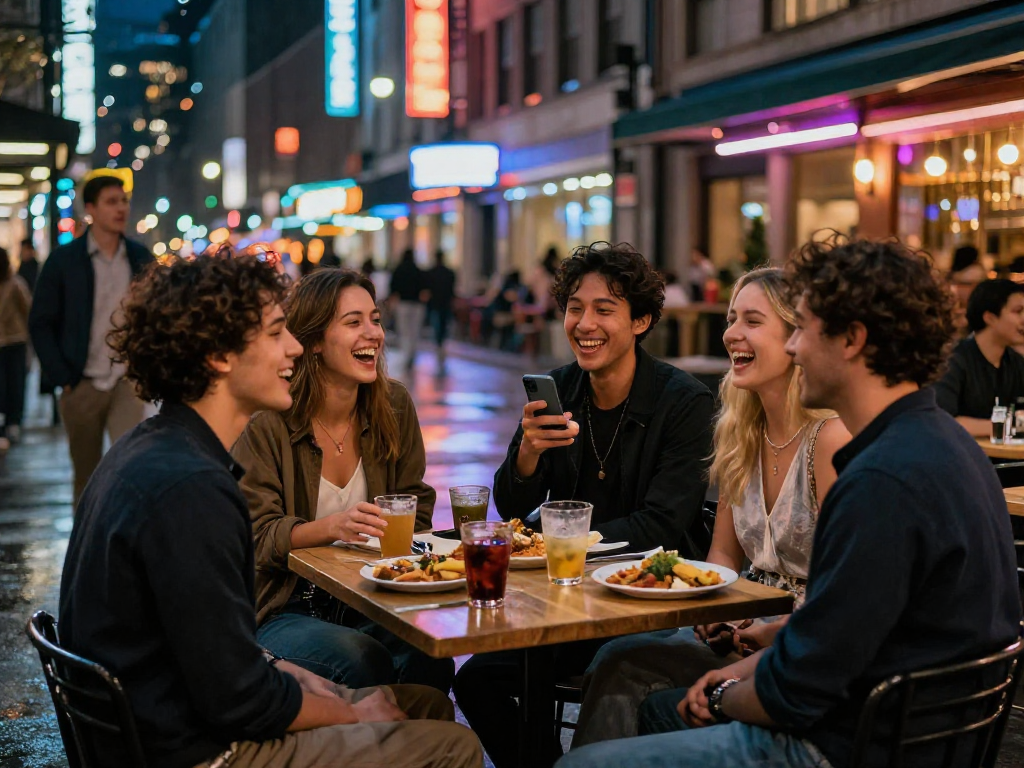 Nhóm bạn trẻ vui vẻ tại quán bar, trải nghiệm gái gọi thú vị trong không khí thành phố.