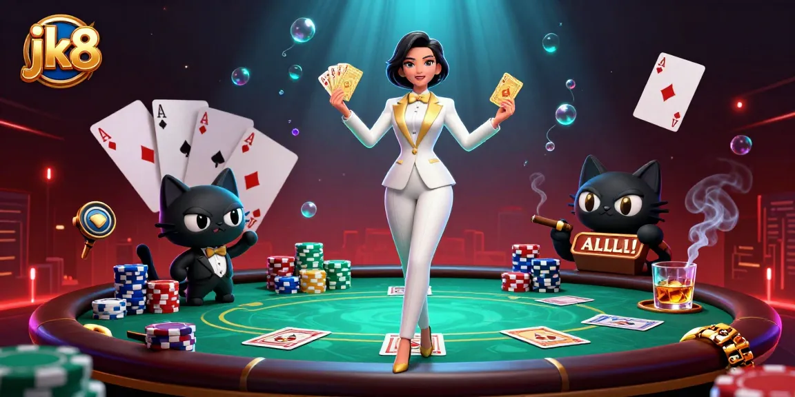 Shuffling cards and winning with jk8 in an exciting casino scene featuring a glamorous dealer.