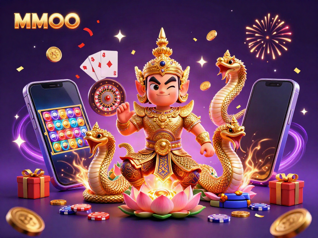 Engage with exciting MMOO game experiences highlighted by vibrant casino elements in a festive scene.