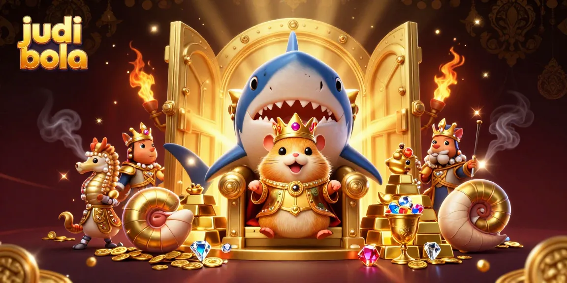 Engage in judi bola with vibrant 3D illustration showcasing a golden hamster king and treasures.