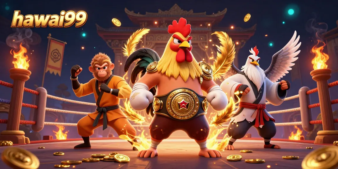 Engage in thrilling action with hawai99: Muay Thai rooster and martial artists in a vibrant casino scene.