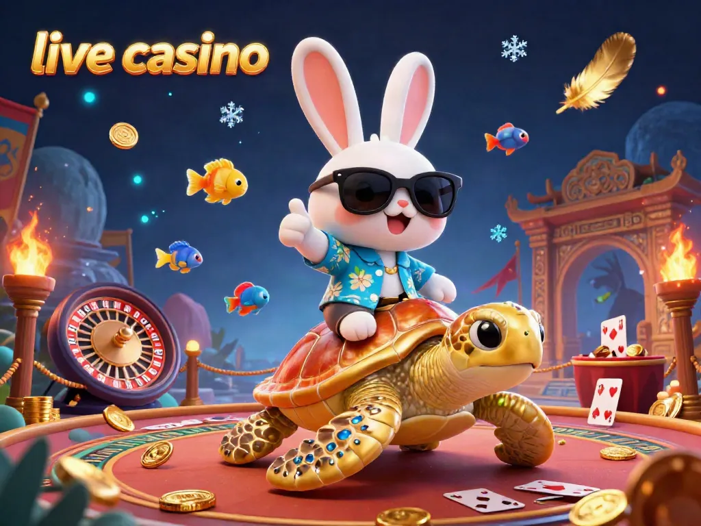 Permainan live casino yang menarik dengan kelinci dan kura-kura emas serta elemen kasino.