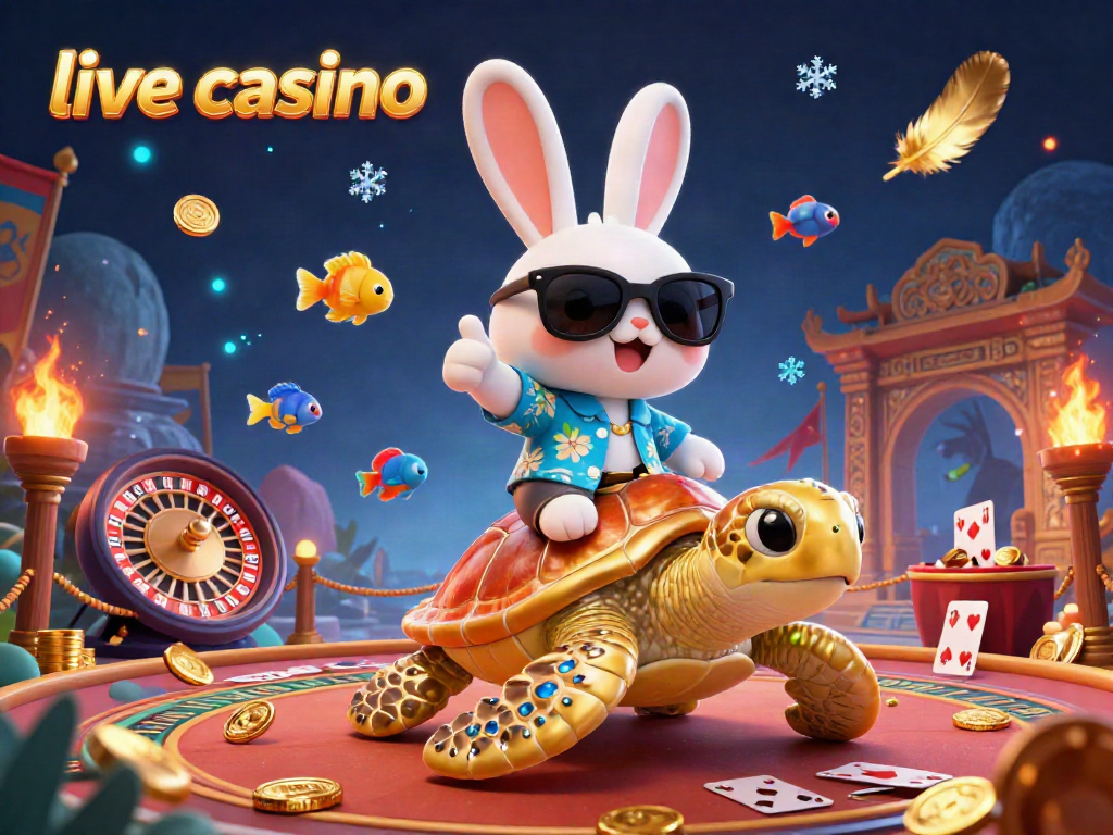 Permainan live casino yang menarik dengan kelinci dan kura-kura emas serta elemen kasino.